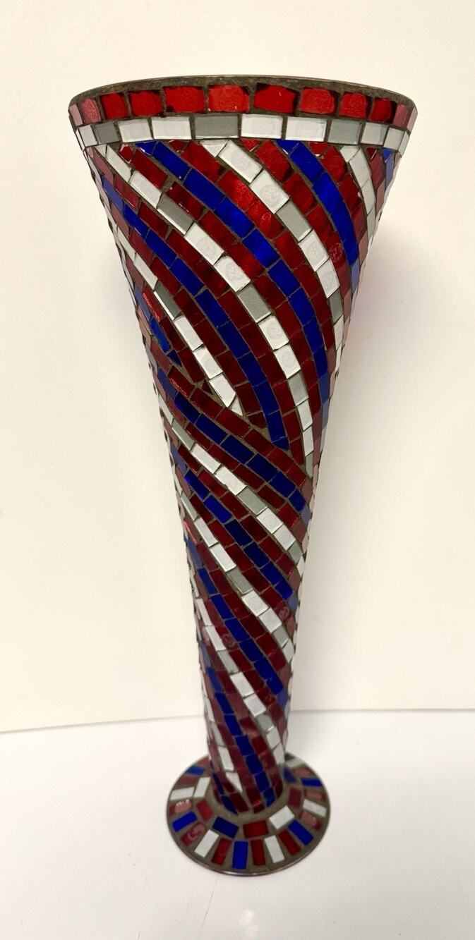 Hand-Crafted Mosaic Stalled Glass Trumpet Vase — Red White Blue 17 inches